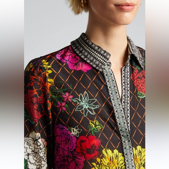 Alice+Olivia Silk Cotton Ruffle Sleeve Floral Collared Colourful Button Down Top - Picture 3 of 14